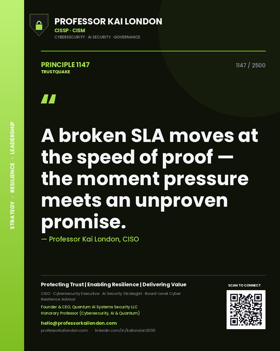 Quote card by Professor Kai London reading 'A broken SLA moves at the speed of proof — the moment pressure meets an unproven promise.'. From the book Trustquake.