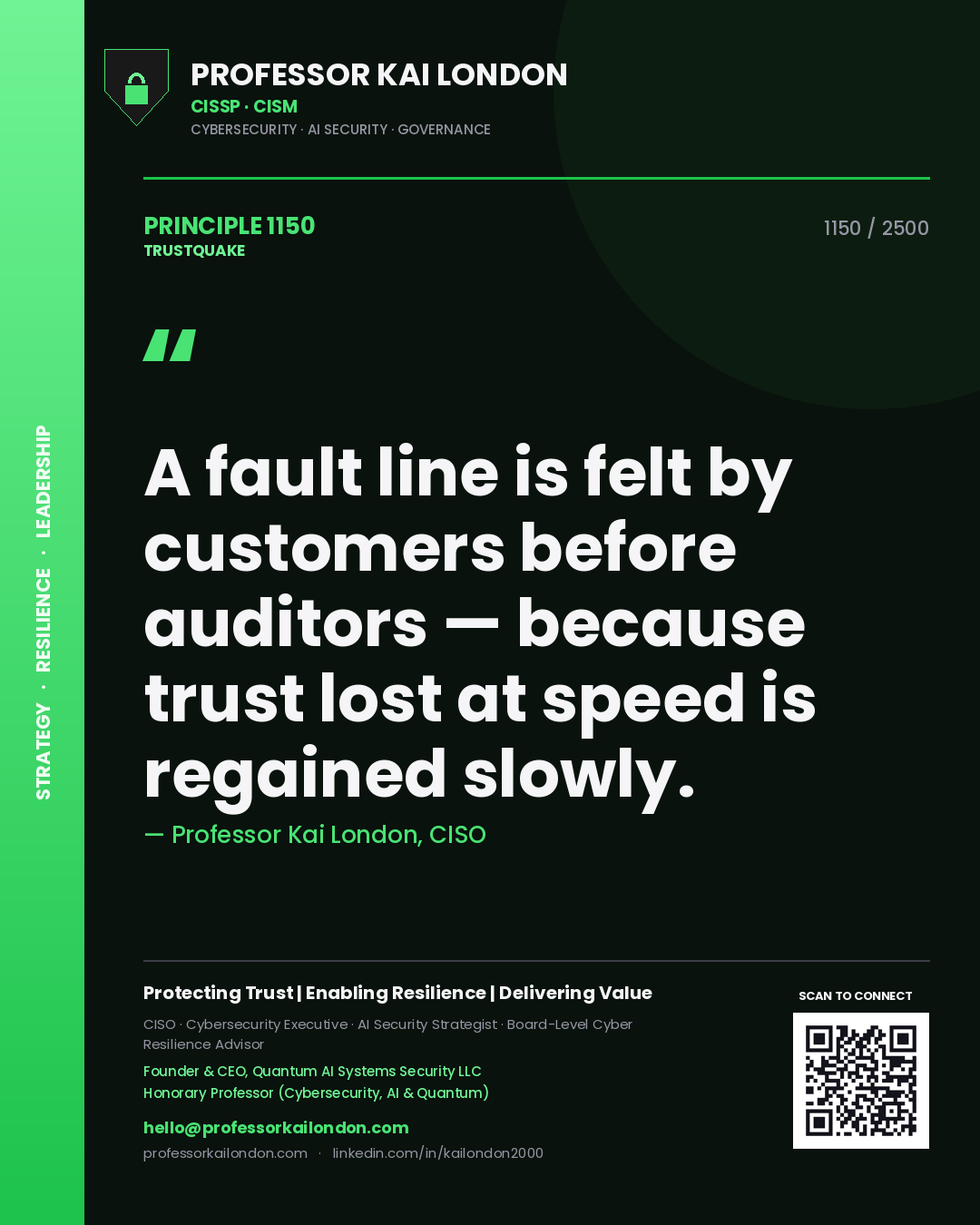 Quote card by Professor Kai London reading 'A fault line is felt by customers before auditors — because trust lost at speed is regained slowly.'. From the book Trustquake.