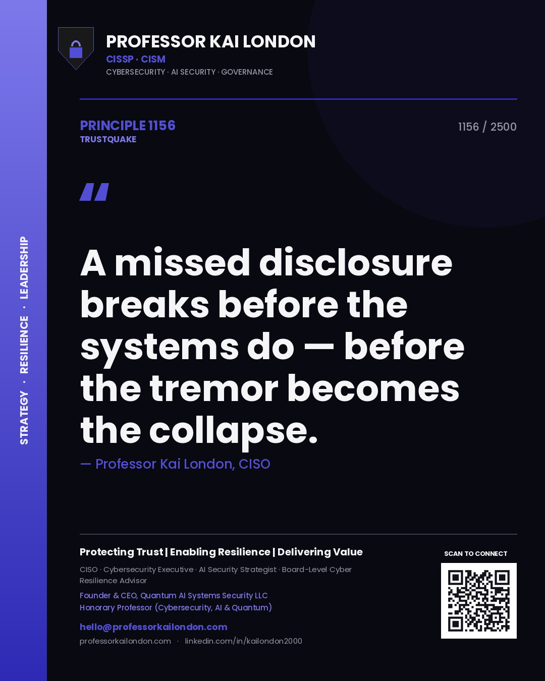 Quote card by Professor Kai London reading 'A missed disclosure breaks before the systems do — before the tremor becomes the collapse.'. From the book Trustquake.