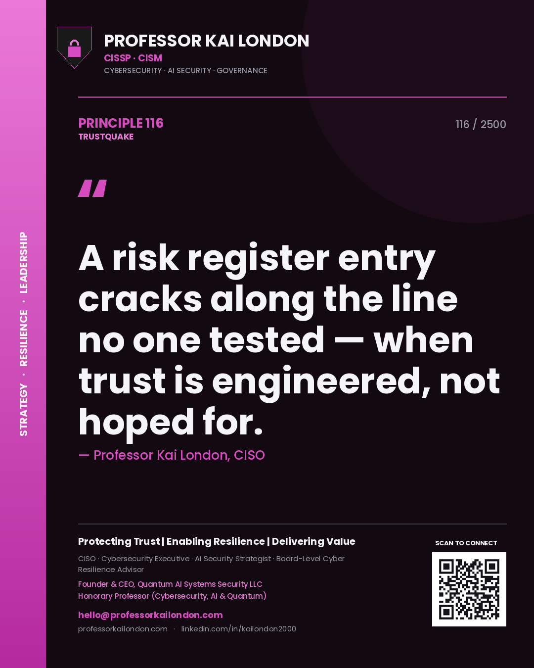 Quote card by Professor Kai London reading 'A risk register entry cracks along the line no one tested — when trust is engineered, not hoped for.'. From the book Trustquake.