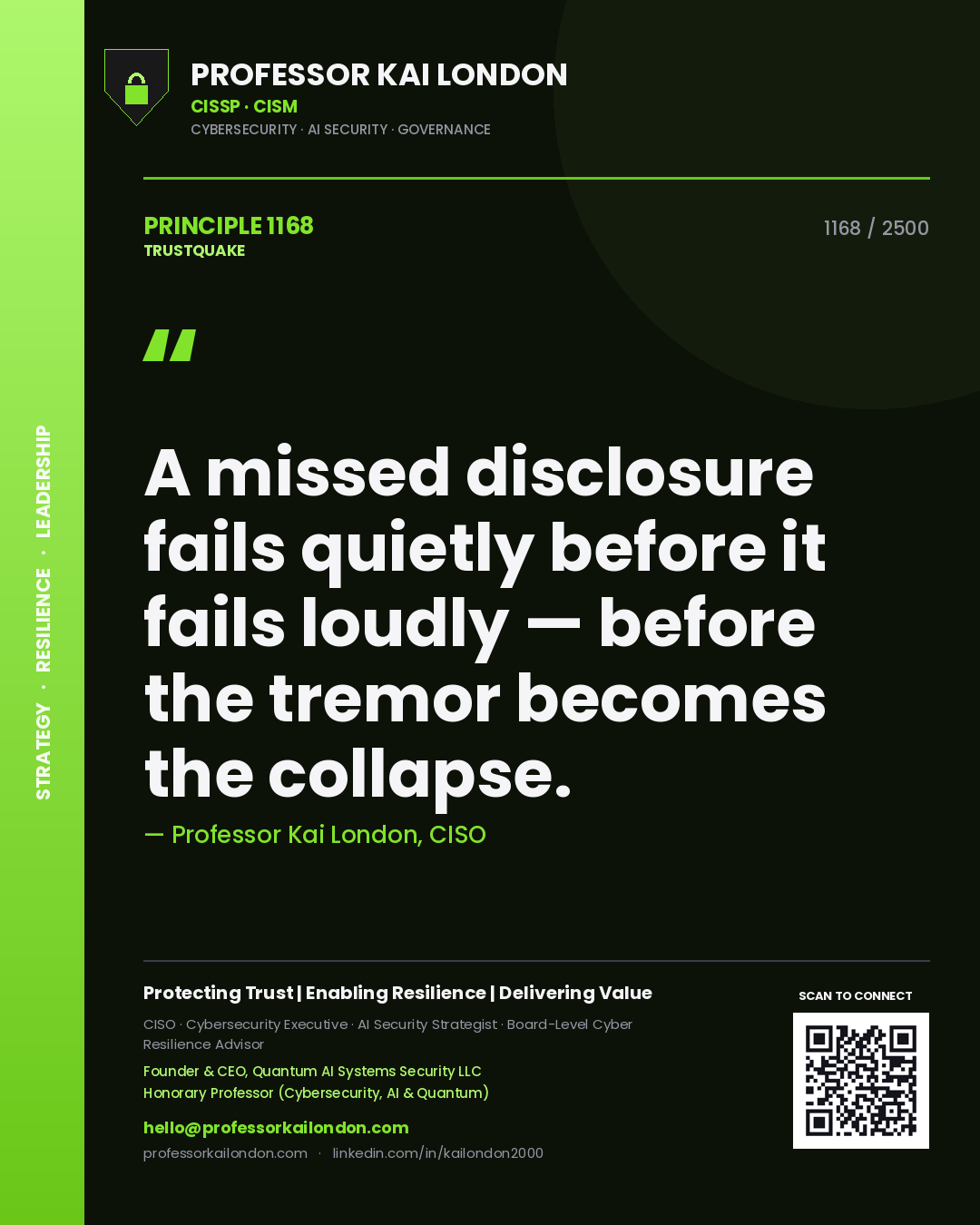 Professor Kai London principle 1168: A missed disclosure fails quietly before it fails loudly — before the tremor becomes the collapse.