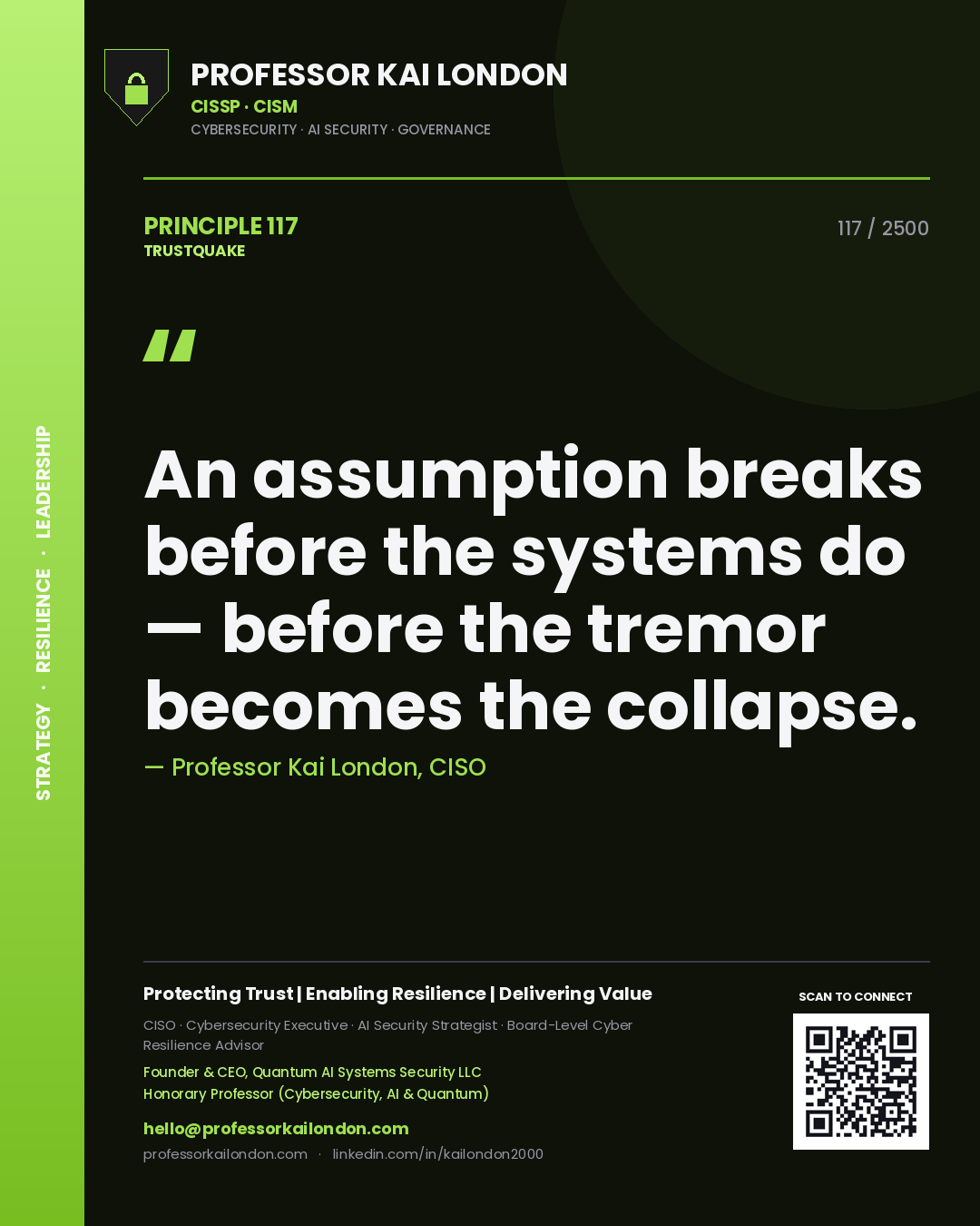 Quote card by Professor Kai London reading 'An assumption breaks before the systems do — before the tremor becomes the collapse.'. From the book Trustquake.