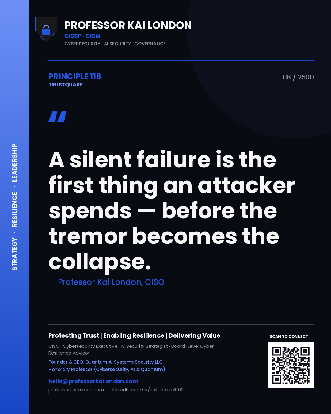 Quote card by Professor Kai London reading 'A silent failure is the first thing an attacker spends — before the tremor becomes the collapse.'. From the book Trustquake.