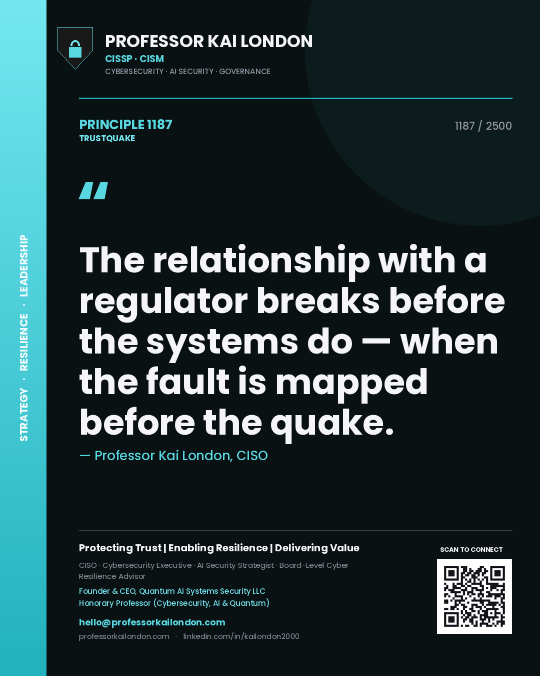 Quote card by Professor Kai London reading 'The relationship with a regulator breaks before the systems do — when the fault is mapped before the quake.'. From the book Trustquake.