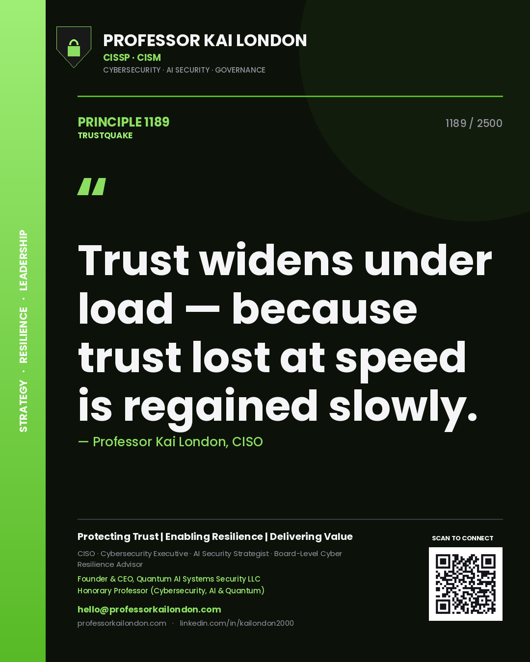 Professor Kai London principle 1189: Trust widens under load — because trust lost at speed is regained slowly.