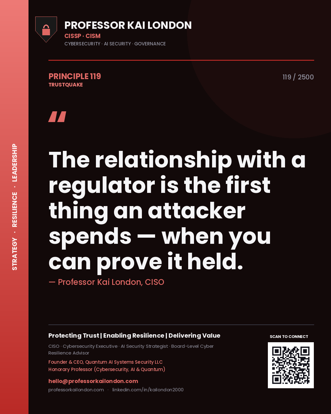 Quote card by Professor Kai London reading 'The relationship with a regulator is the first thing an attacker spends — when you can prove it held.'. From the book Trustquake.