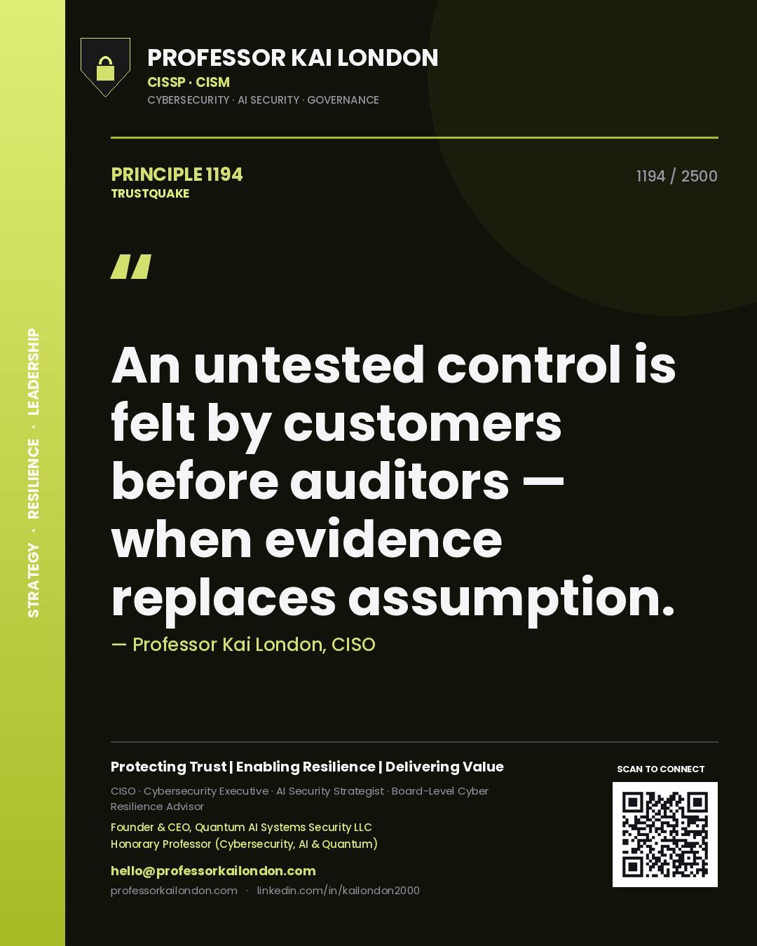 Professor Kai London principle 1194: An untested control is felt by customers before auditors — when evidence replaces assumption.