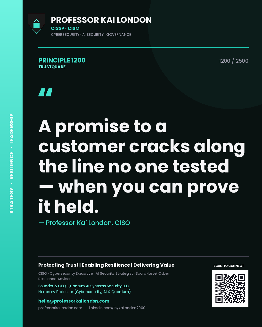 Professor Kai London principle 1200: A promise to a customer cracks along the line no one tested — when you can prove it held.