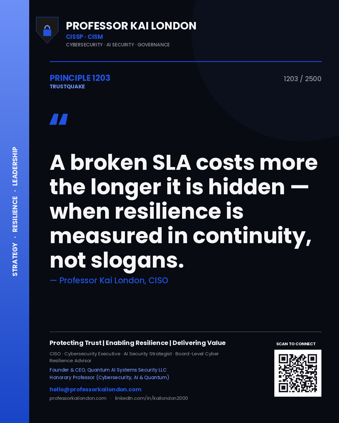 Professor Kai London principle 1203: A broken SLA costs more the longer it is hidden — when resilience is measured in continuity, not slogans.