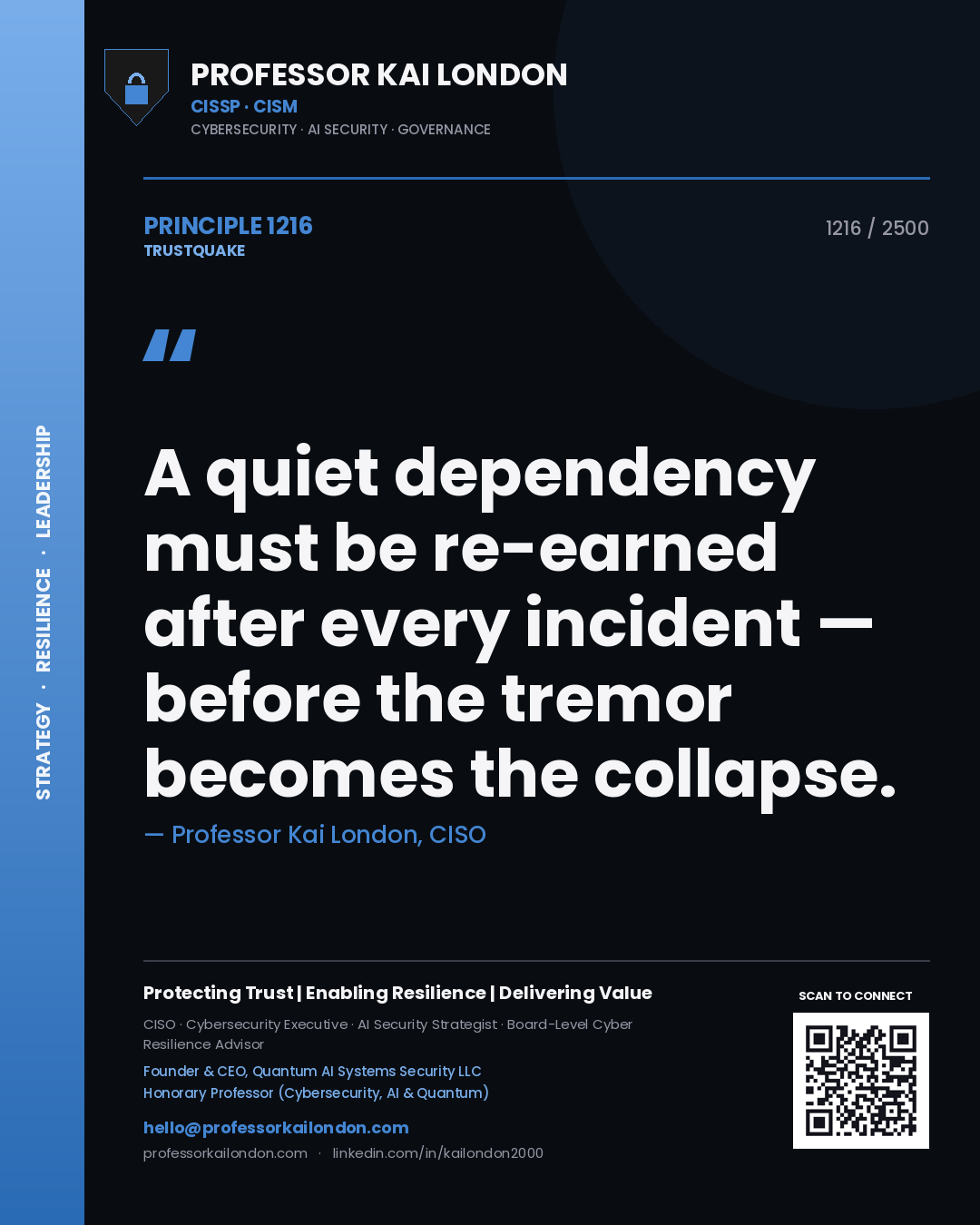 Professor Kai London principle 1216: A quiet dependency must be re-earned after every incident — before the tremor becomes the collapse.