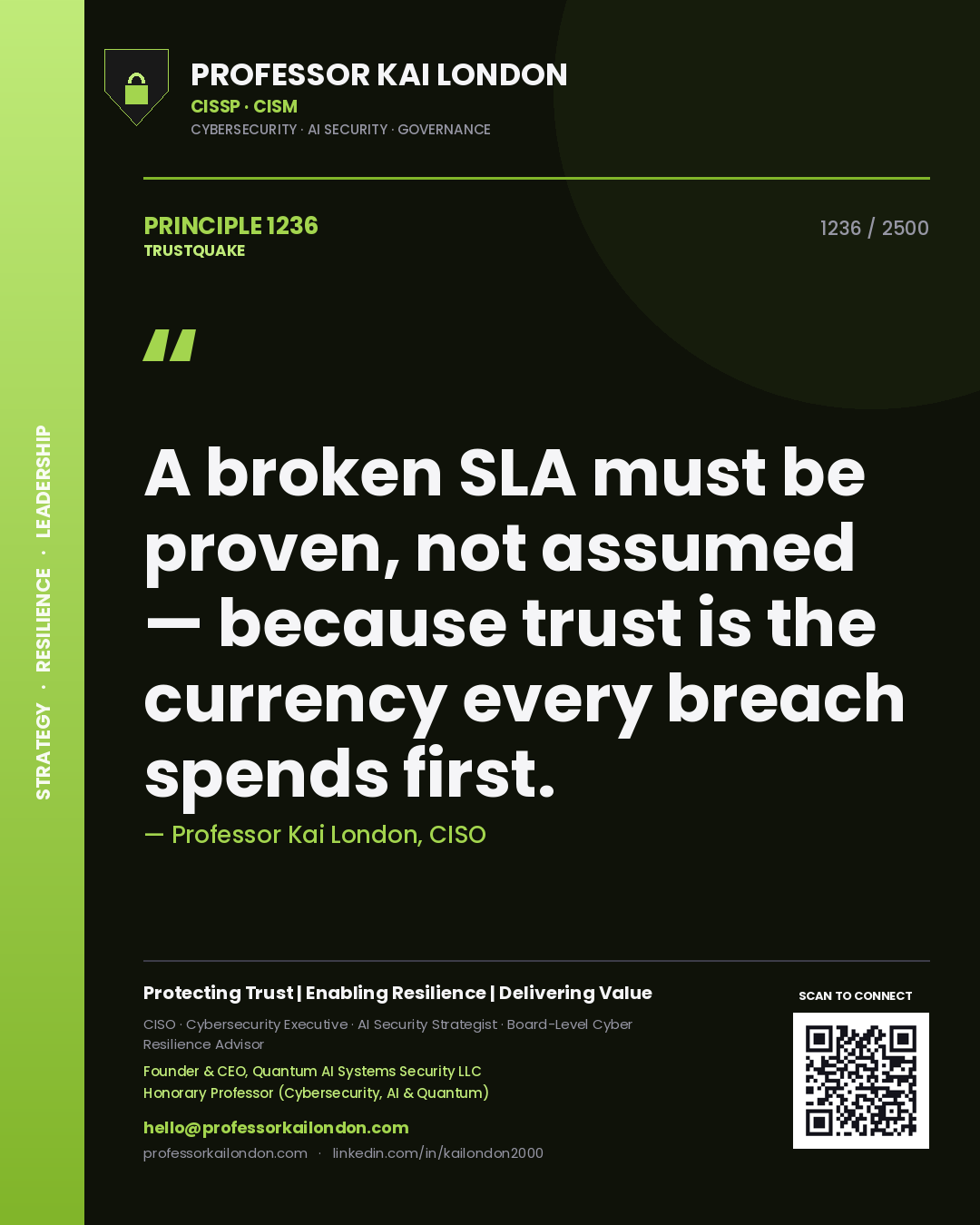 Professor Kai London principle 1236: A broken SLA must be proven, not assumed — because trust is the currency every breach spends first.