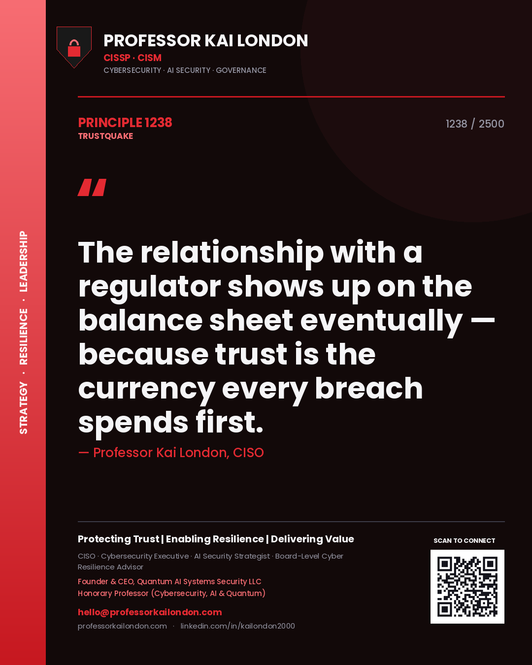 Professor Kai London principle 1238: The relationship with a regulator shows up on the balance sheet eventually — because trust is the currency every breach spends first.