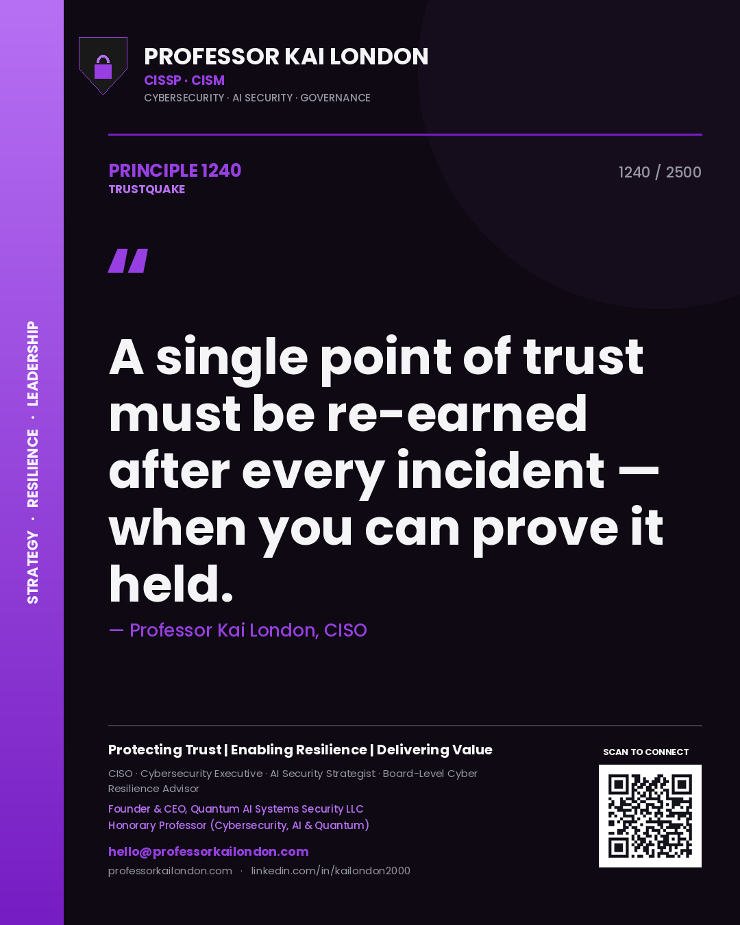 Professor Kai London principle 1240: A single point of trust must be re-earned after every incident — when you can prove it held.