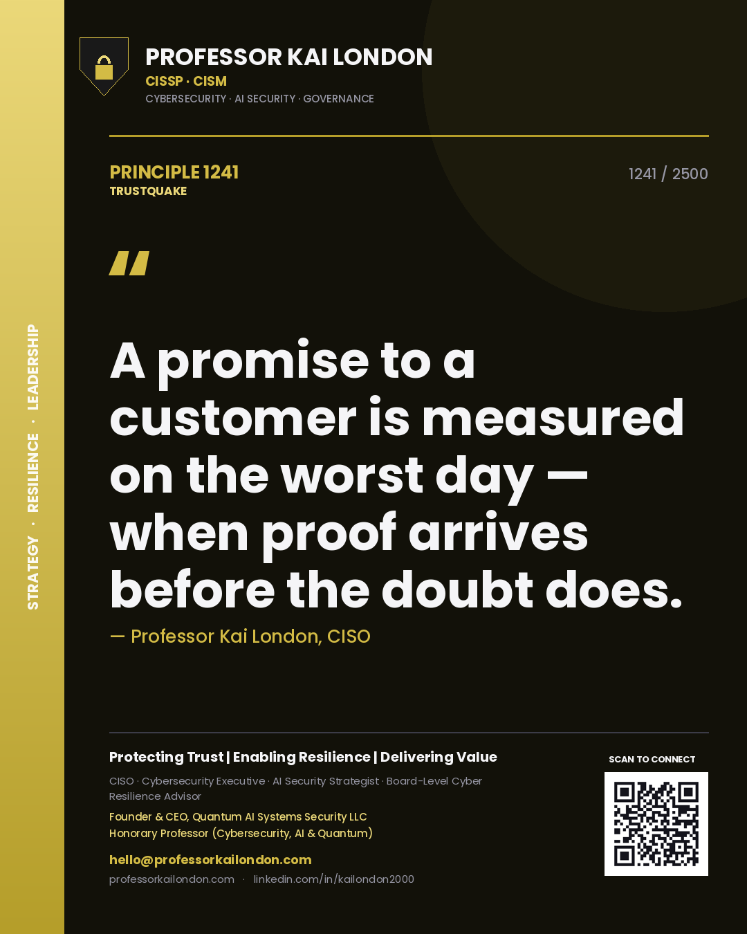Quote card by Professor Kai London reading 'A promise to a customer is measured on the worst day — when proof arrives before the doubt does.'. From the book Trustquake.
