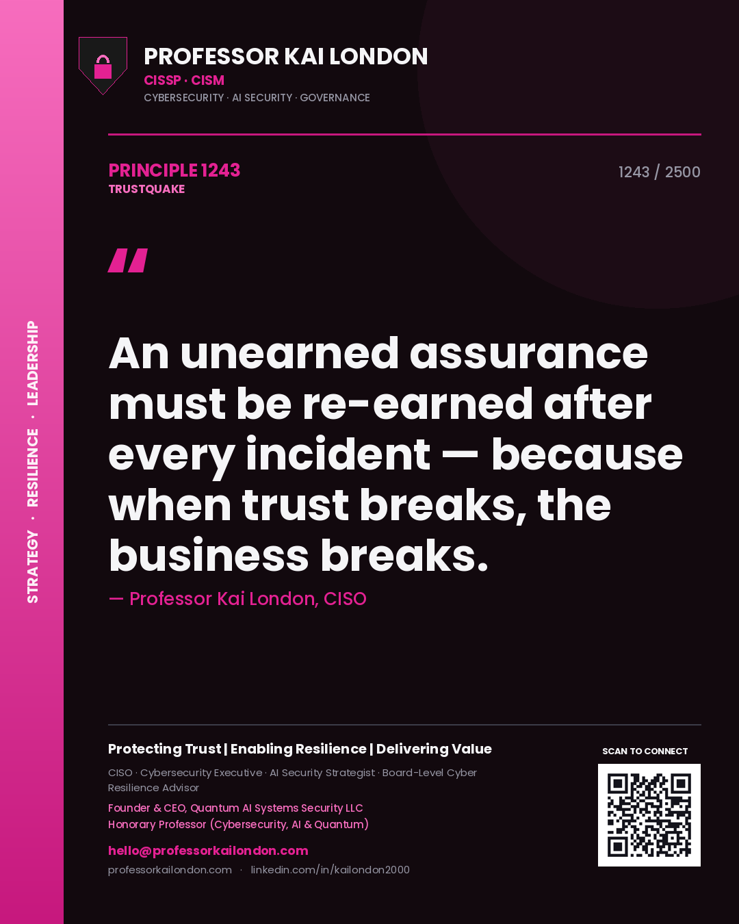 Professor Kai London principle 1243: An unearned assurance must be re-earned after every incident — because when trust breaks, the business breaks.