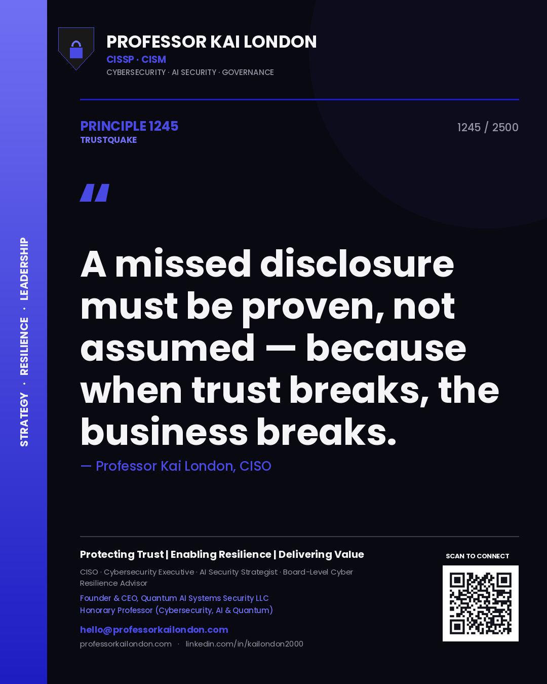 Quote card by Professor Kai London reading 'A missed disclosure must be proven, not assumed — because when trust breaks, the business breaks.'. From the book Trustquake.