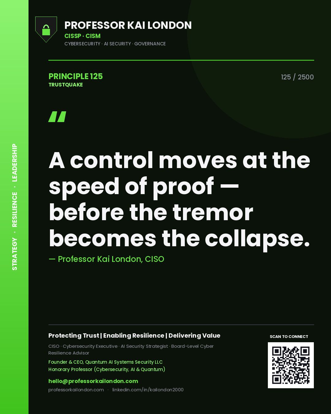 Quote card by Professor Kai London reading 'A control moves at the speed of proof — before the tremor becomes the collapse.'. From the book Trustquake.