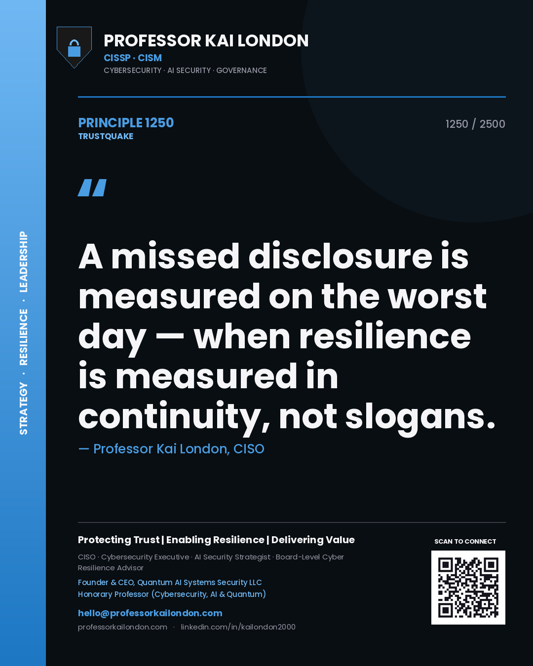 Quote card by Professor Kai London reading 'A missed disclosure is measured on the worst day — when resilience is measured in continuity, not slogans.'. From the book Trustquake.