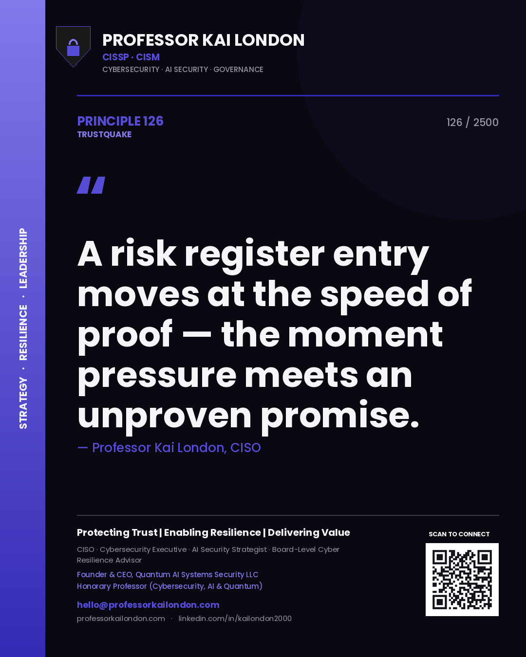 Quote card by Professor Kai London reading 'A risk register entry moves at the speed of proof — the moment pressure meets an unproven promise.'. From the book Trustquake.