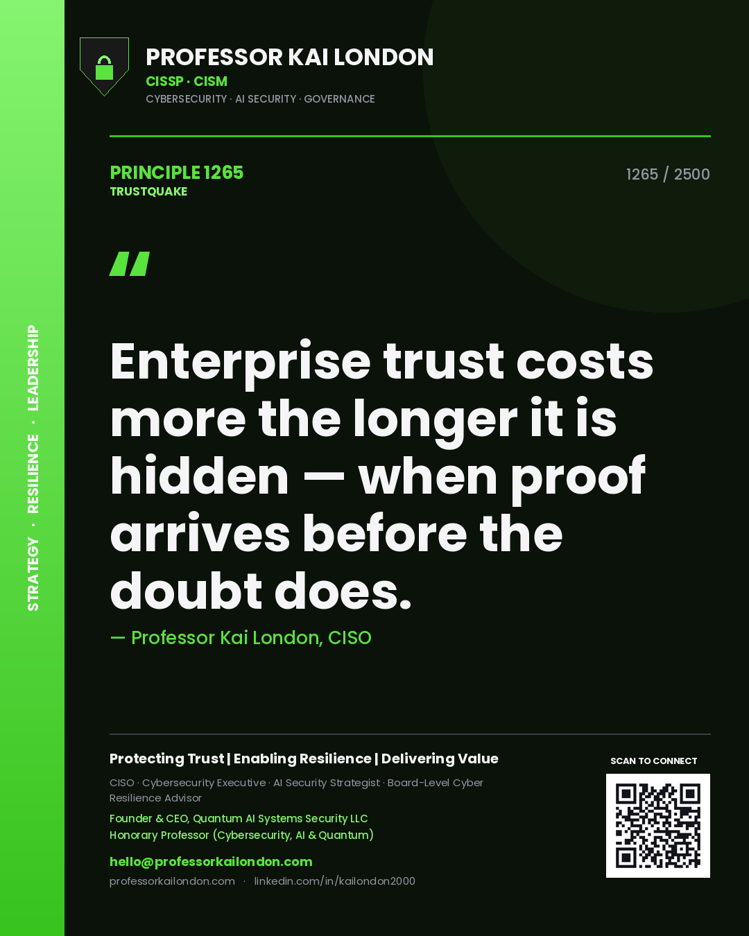 Quote card by Professor Kai London reading 'Enterprise trust costs more the longer it is hidden — when proof arrives before the doubt does.'. From the book Trustquake.