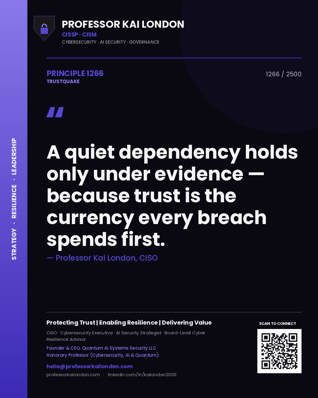 Quote card by Professor Kai London reading 'A quiet dependency holds only under evidence — because trust is the currency every breach spends first.'. From the book Trustquake.