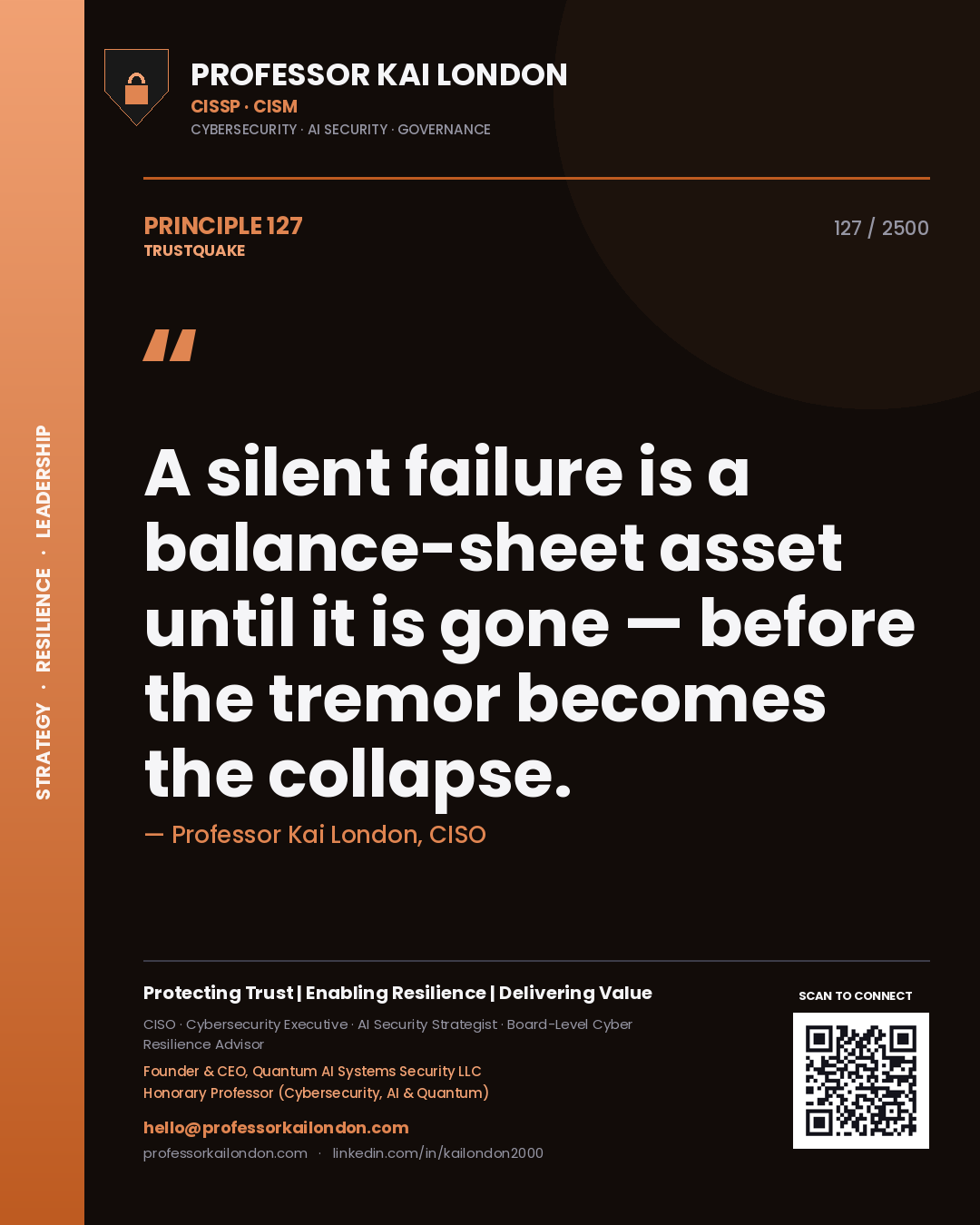 Quote card by Professor Kai London reading 'A silent failure is a balance-sheet asset until it is gone — before the tremor becomes the collapse.'. From the book Trustquake.
