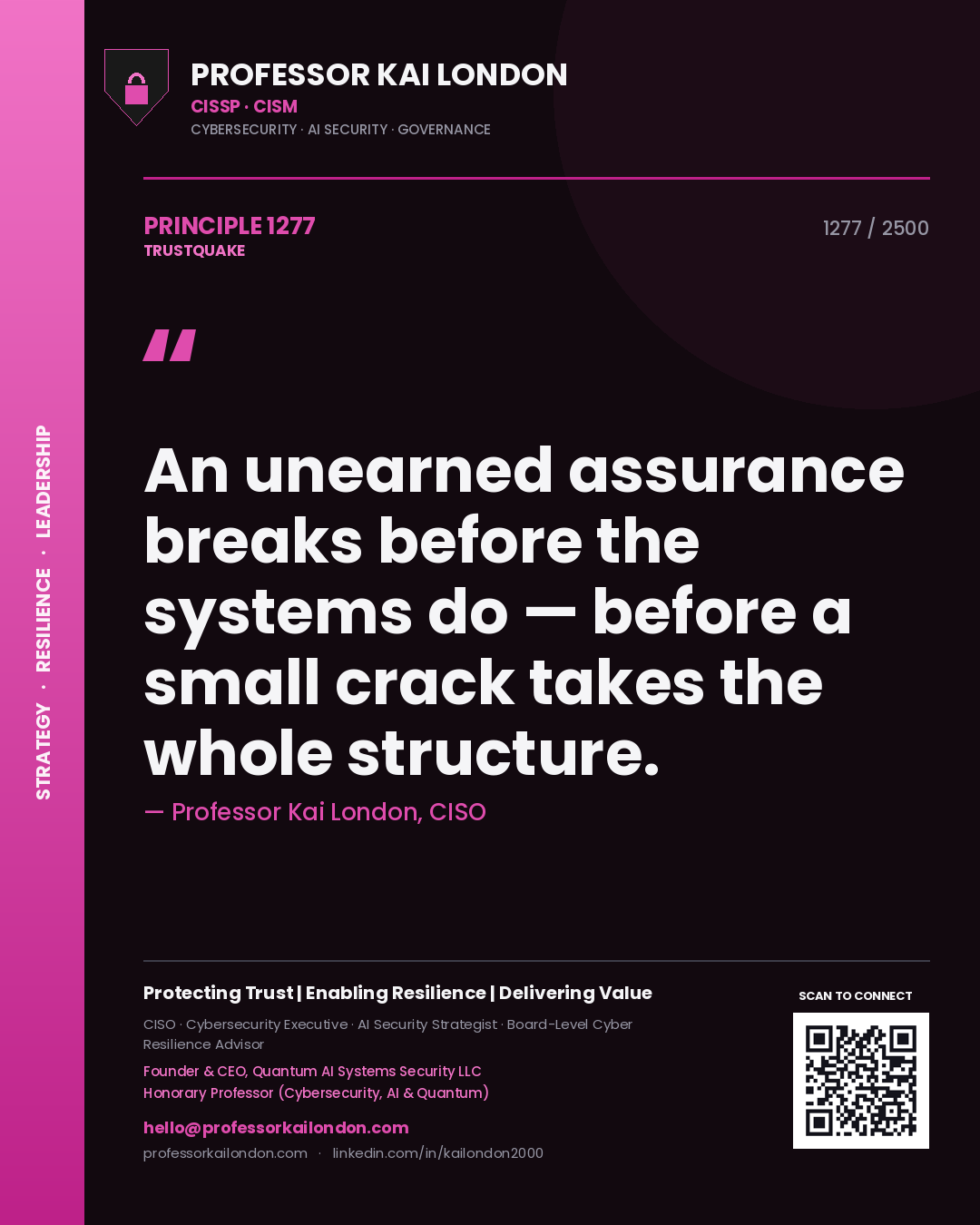 Professor Kai London principle 1277: An unearned assurance breaks before the systems do — before a small crack takes the whole structure.