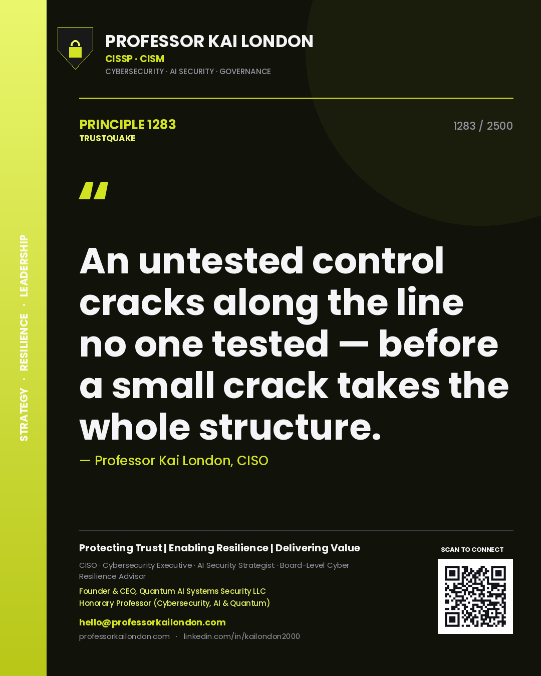 Professor Kai London principle 1283: An untested control cracks along the line no one tested — before a small crack takes the whole structure.