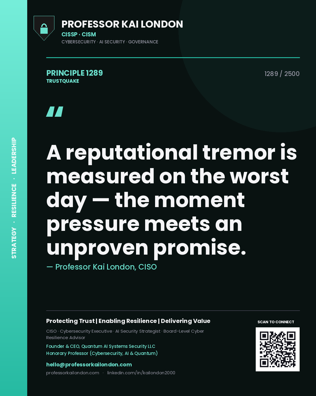Quote card by Professor Kai London reading 'A reputational tremor is measured on the worst day — the moment pressure meets an unproven promise.'. From the book Trustquake.