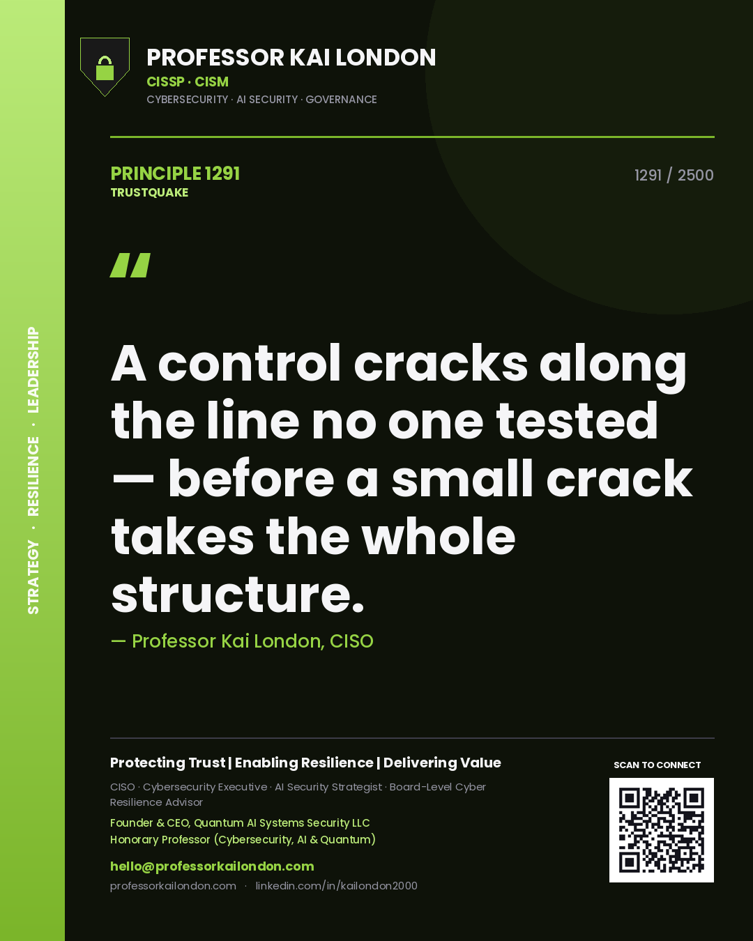Professor Kai London principle 1291: A control cracks along the line no one tested — before a small crack takes the whole structure.