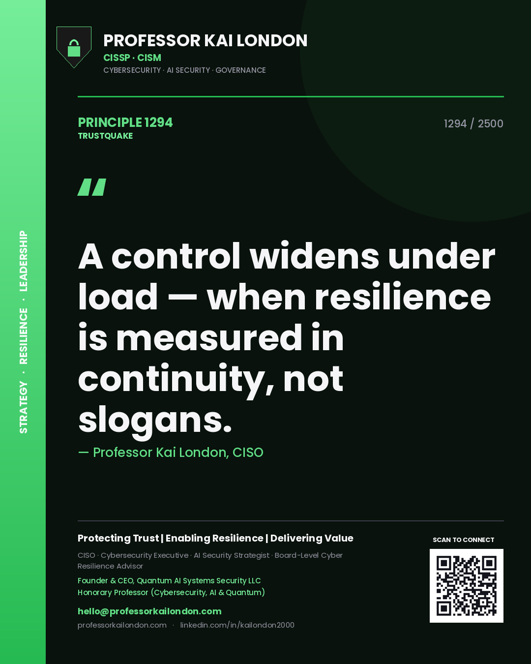 Professor Kai London principle 1294: A control widens under load — when resilience is measured in continuity, not slogans.