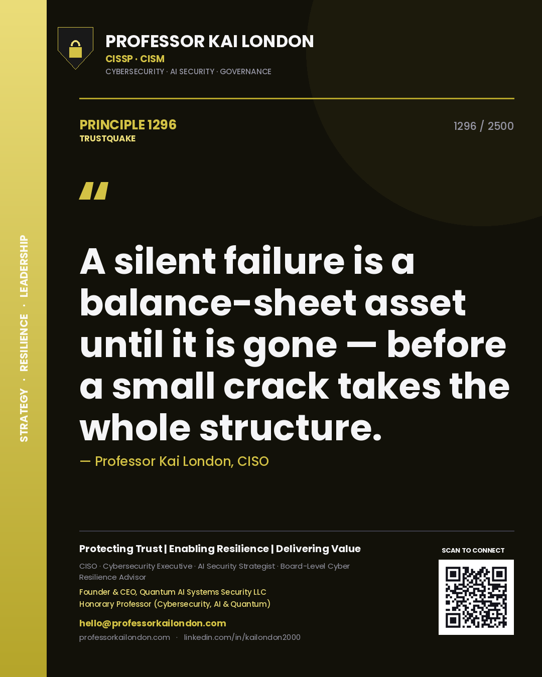 Quote card by Professor Kai London reading 'A silent failure is a balance-sheet asset until it is gone — before a small crack takes the whole structure.'. From the book Trustquake.