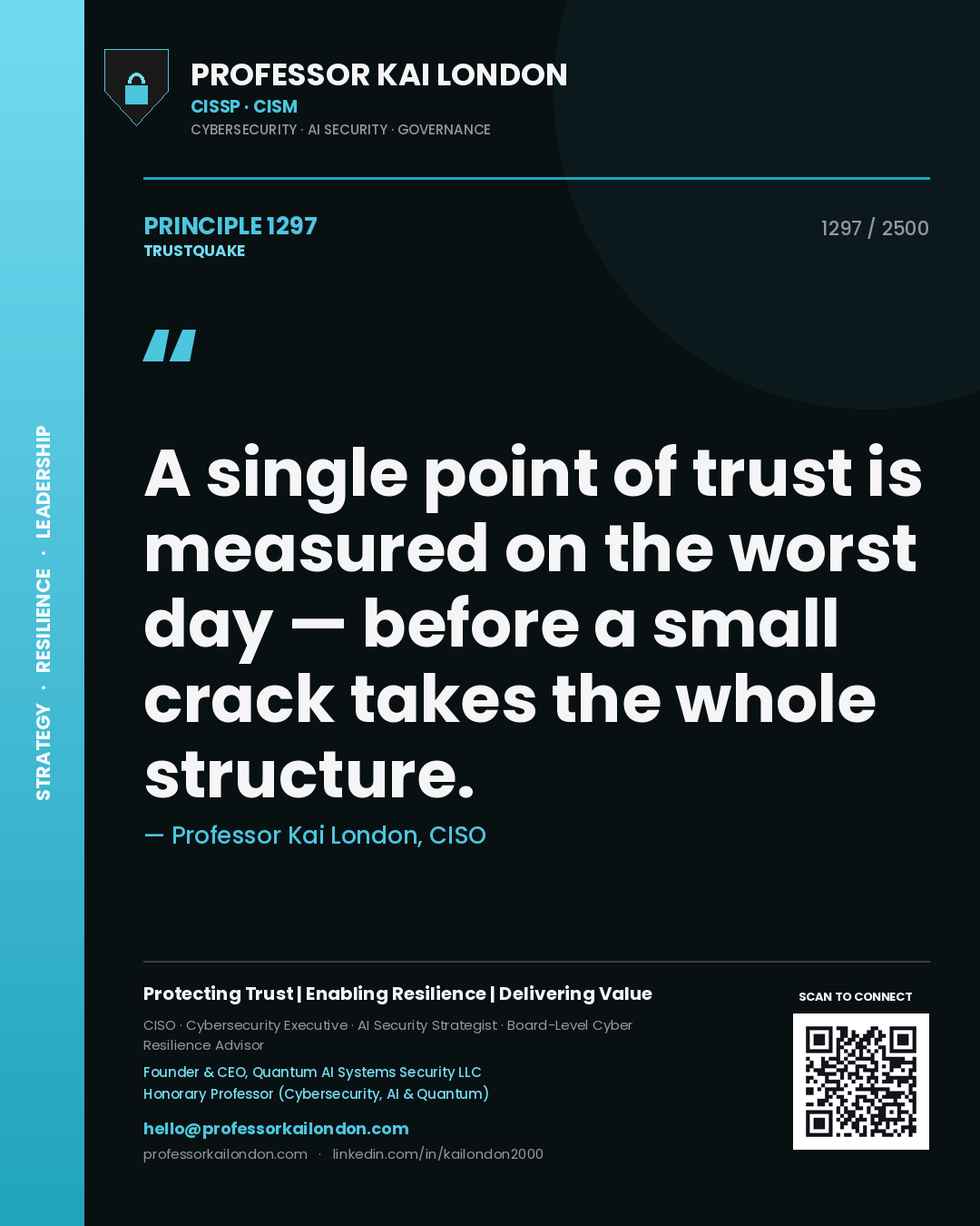 Quote card by Professor Kai London reading 'A single point of trust is measured on the worst day — before a small crack takes the whole structure.'. From the book Trustquake.