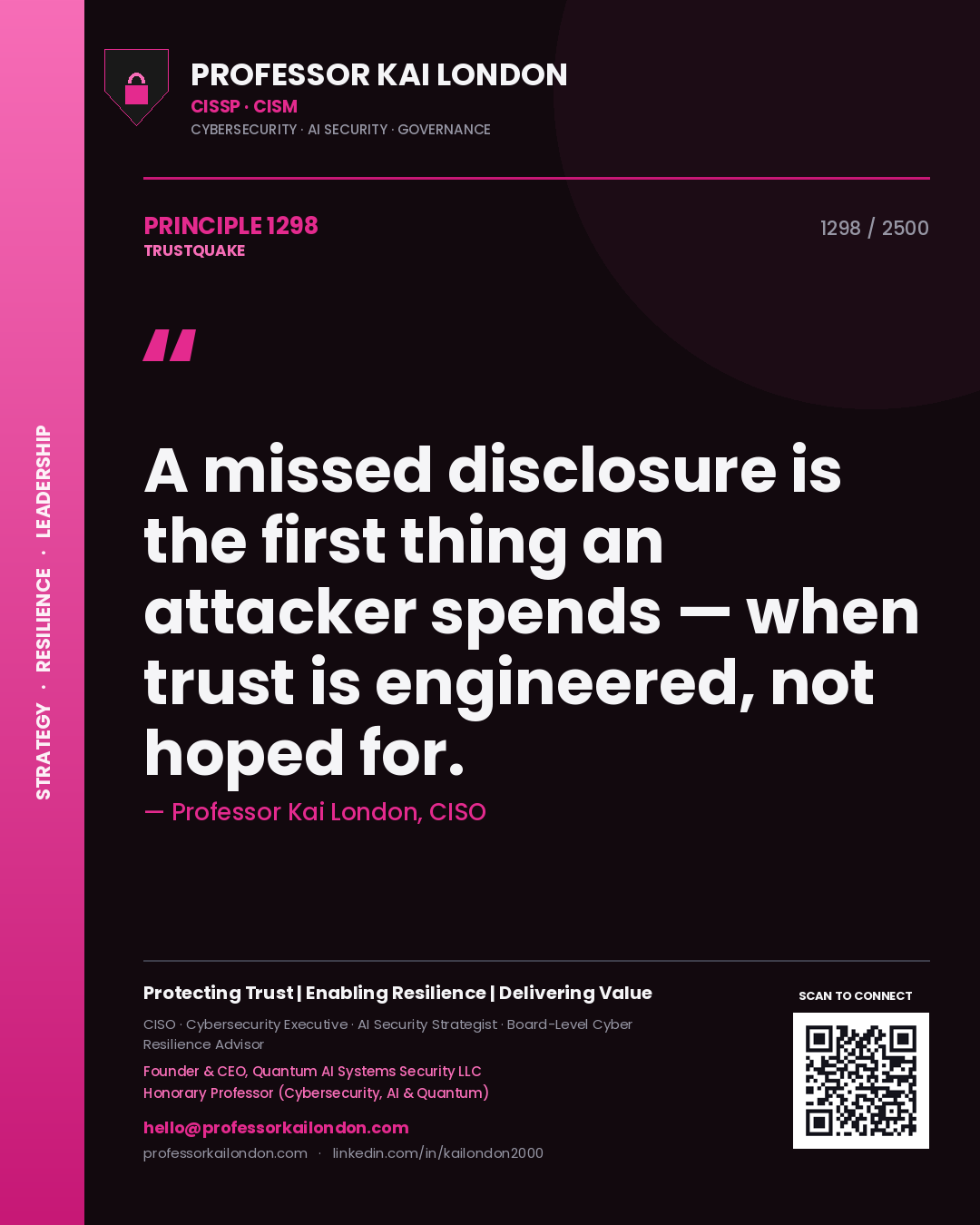 Professor Kai London principle 1298: A missed disclosure is the first thing an attacker spends — when trust is engineered, not hoped for.