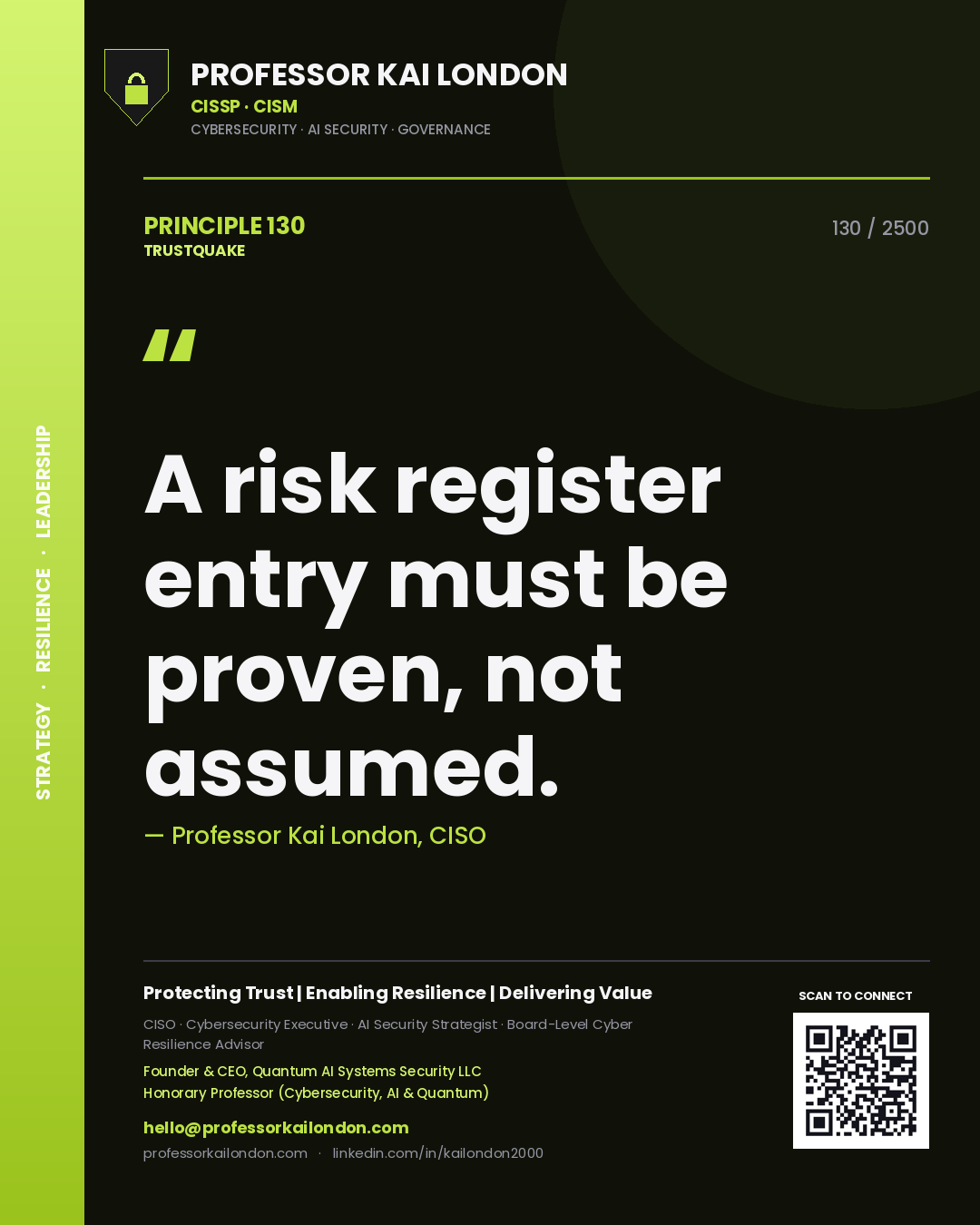 Quote card by Professor Kai London reading 'A risk register entry must be proven, not assumed.'. From the book Trustquake.