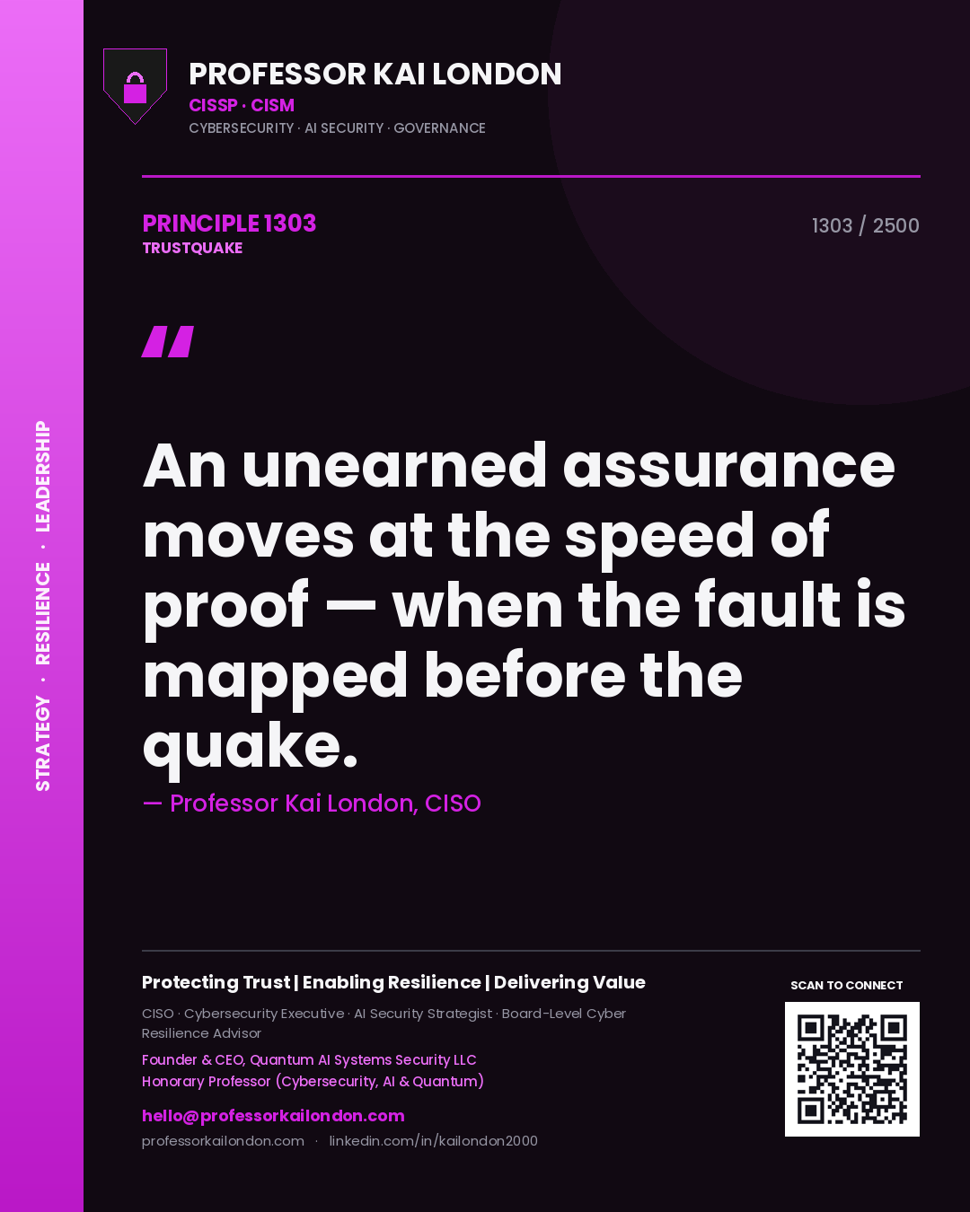Quote card by Professor Kai London reading 'An unearned assurance moves at the speed of proof — when the fault is mapped before the quake.'. From the book Trustquake.