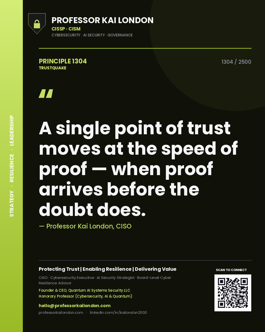 Professor Kai London principle 1304: A single point of trust moves at the speed of proof — when proof arrives before the doubt does.