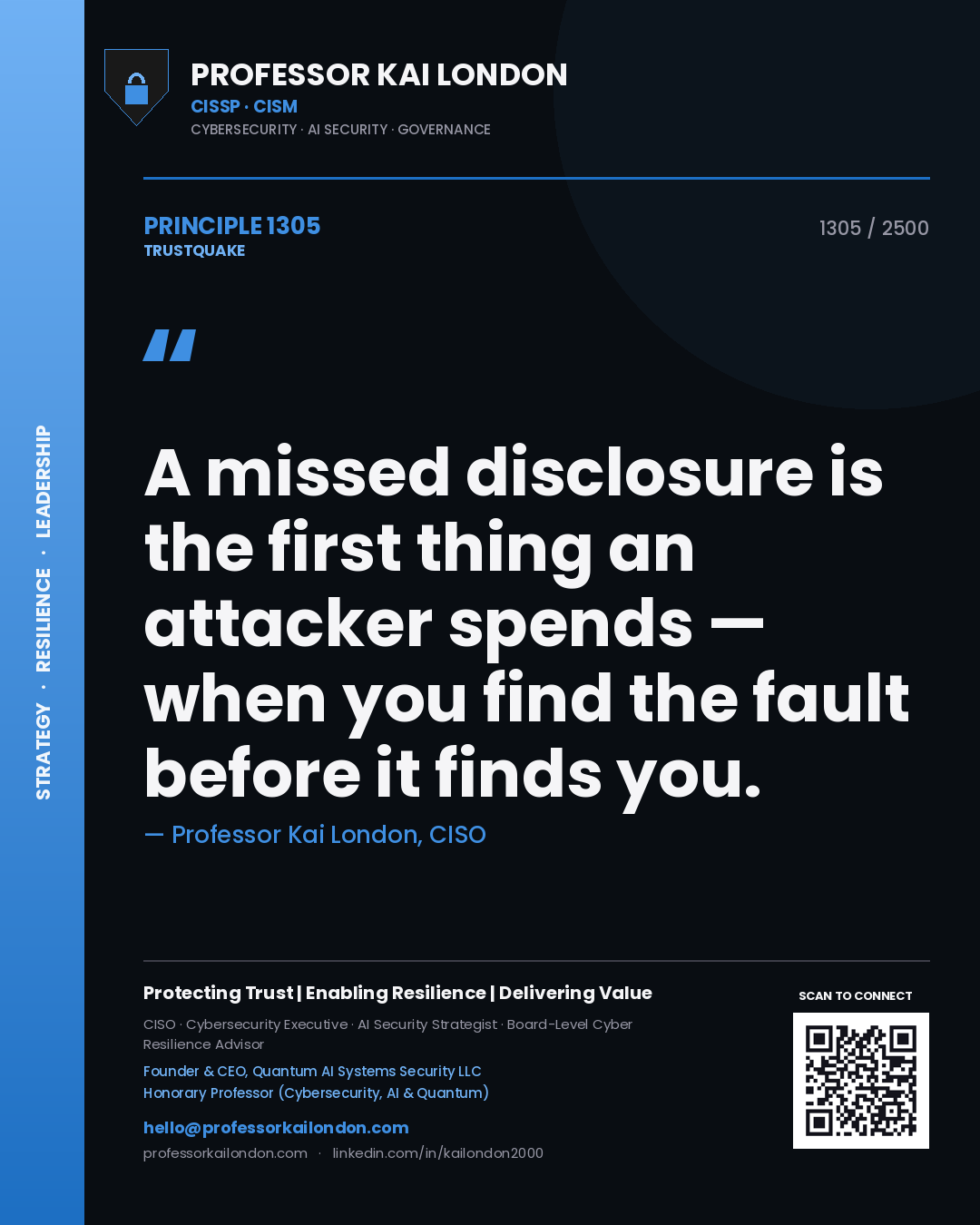 Professor Kai London principle 1305: A missed disclosure is the first thing an attacker spends — when you find the fault before it finds you.