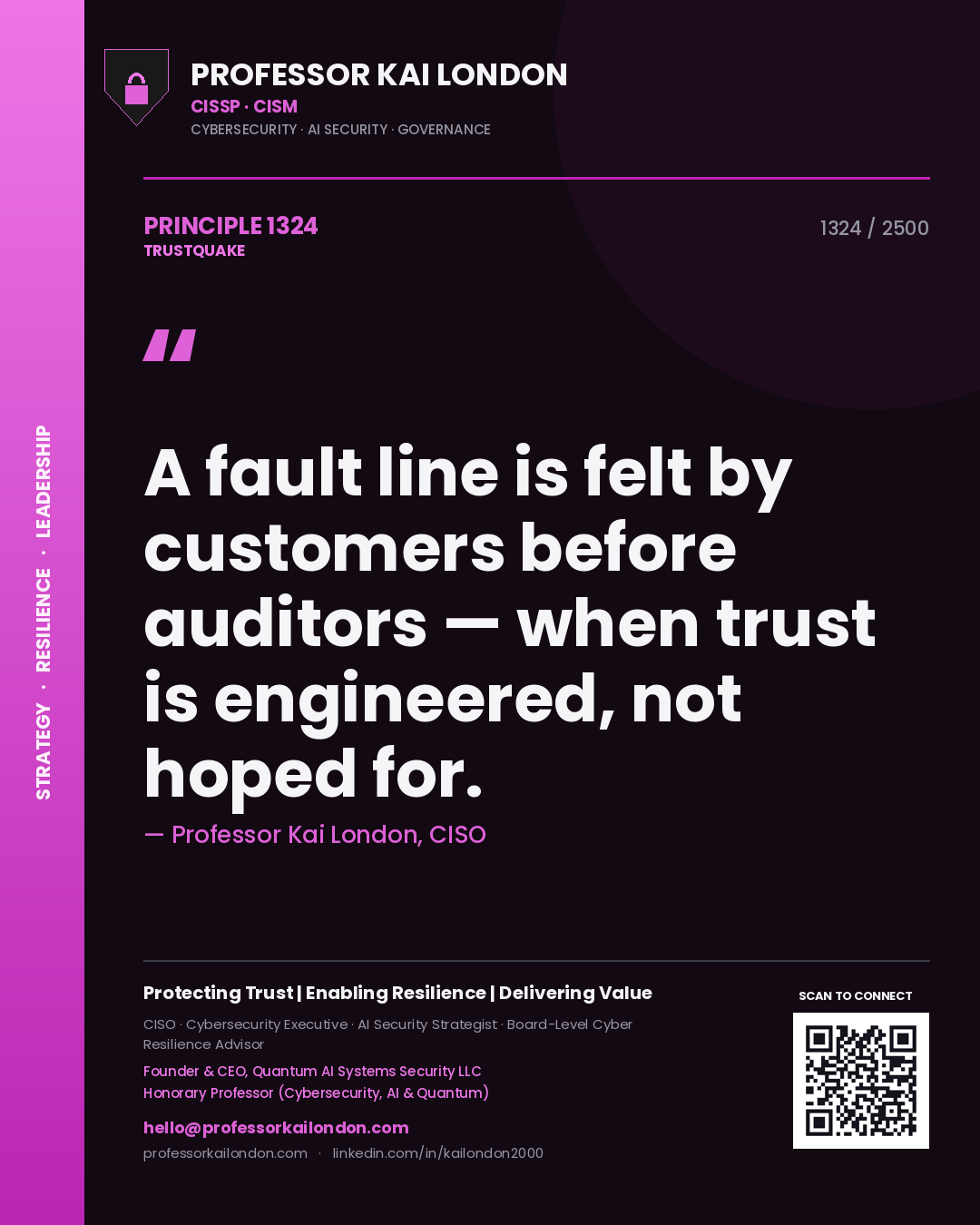 Quote card by Professor Kai London reading 'A fault line is felt by customers before auditors — when trust is engineered, not hoped for.'. From the book Trustquake.