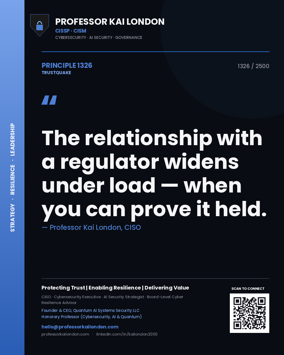 Professor Kai London principle 1326: The relationship with a regulator widens under load — when you can prove it held.