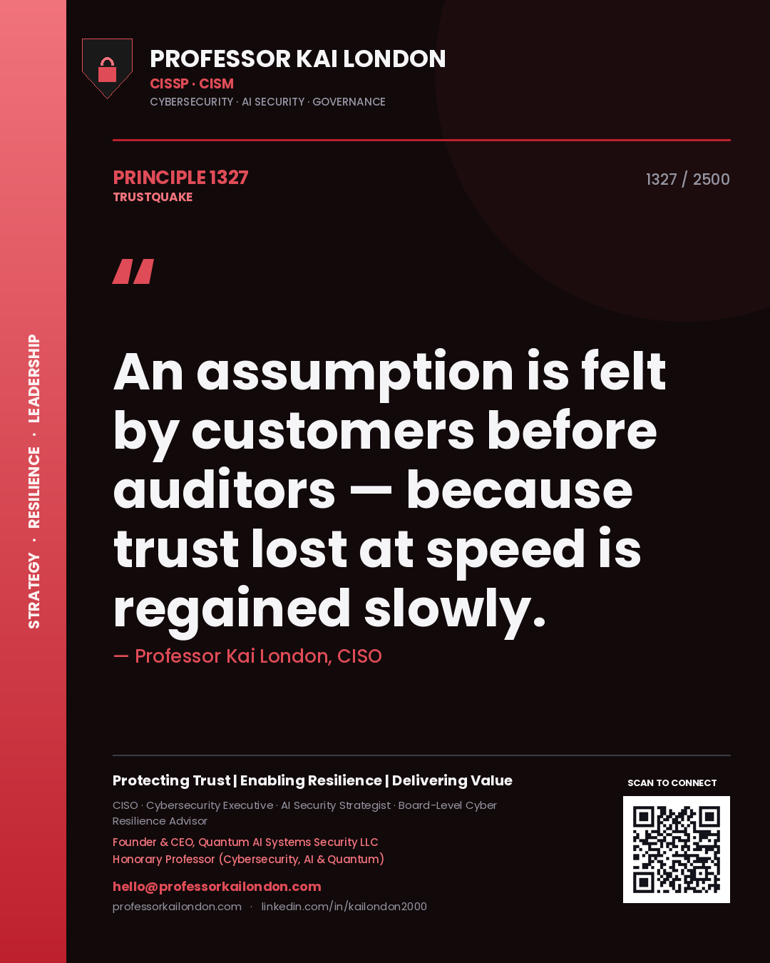 Professor Kai London principle 1327: An assumption is felt by customers before auditors — because trust lost at speed is regained slowly.