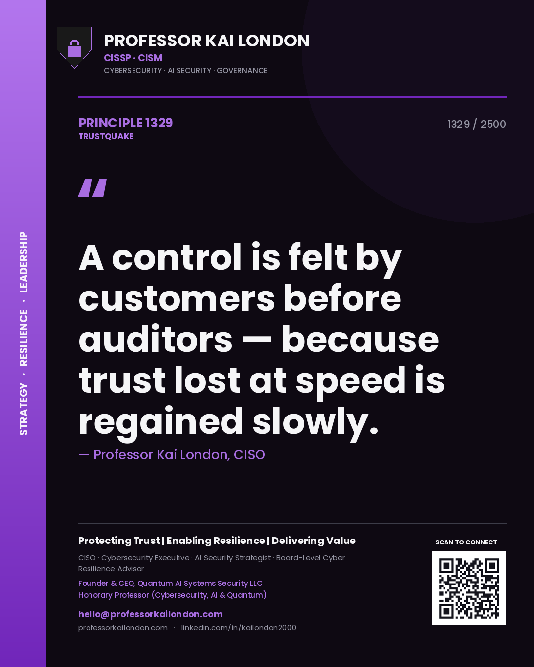Professor Kai London principle 1329: A control is felt by customers before auditors — because trust lost at speed is regained slowly.