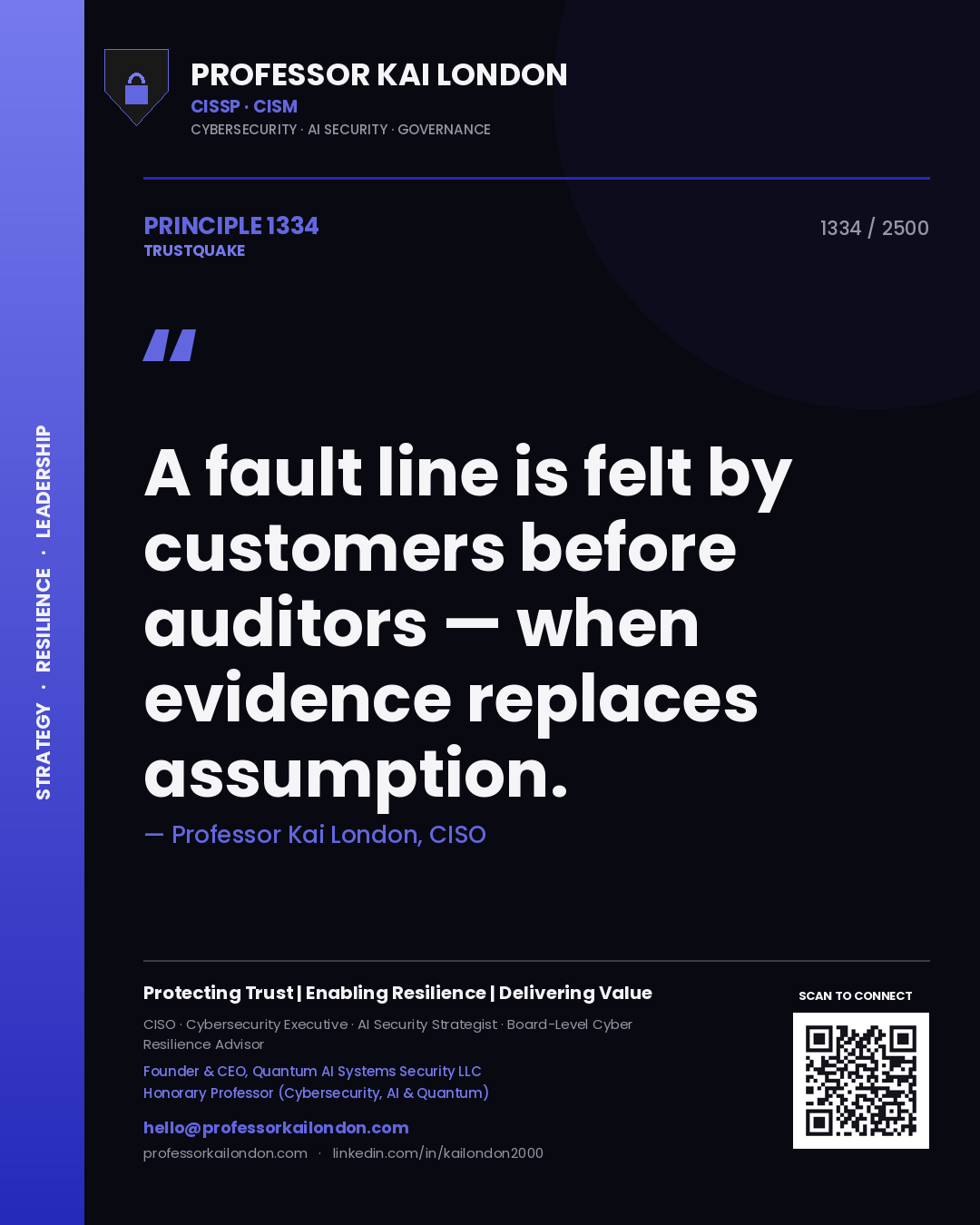 Quote card by Professor Kai London reading 'A fault line is felt by customers before auditors — when evidence replaces assumption.'. From the book Trustquake.