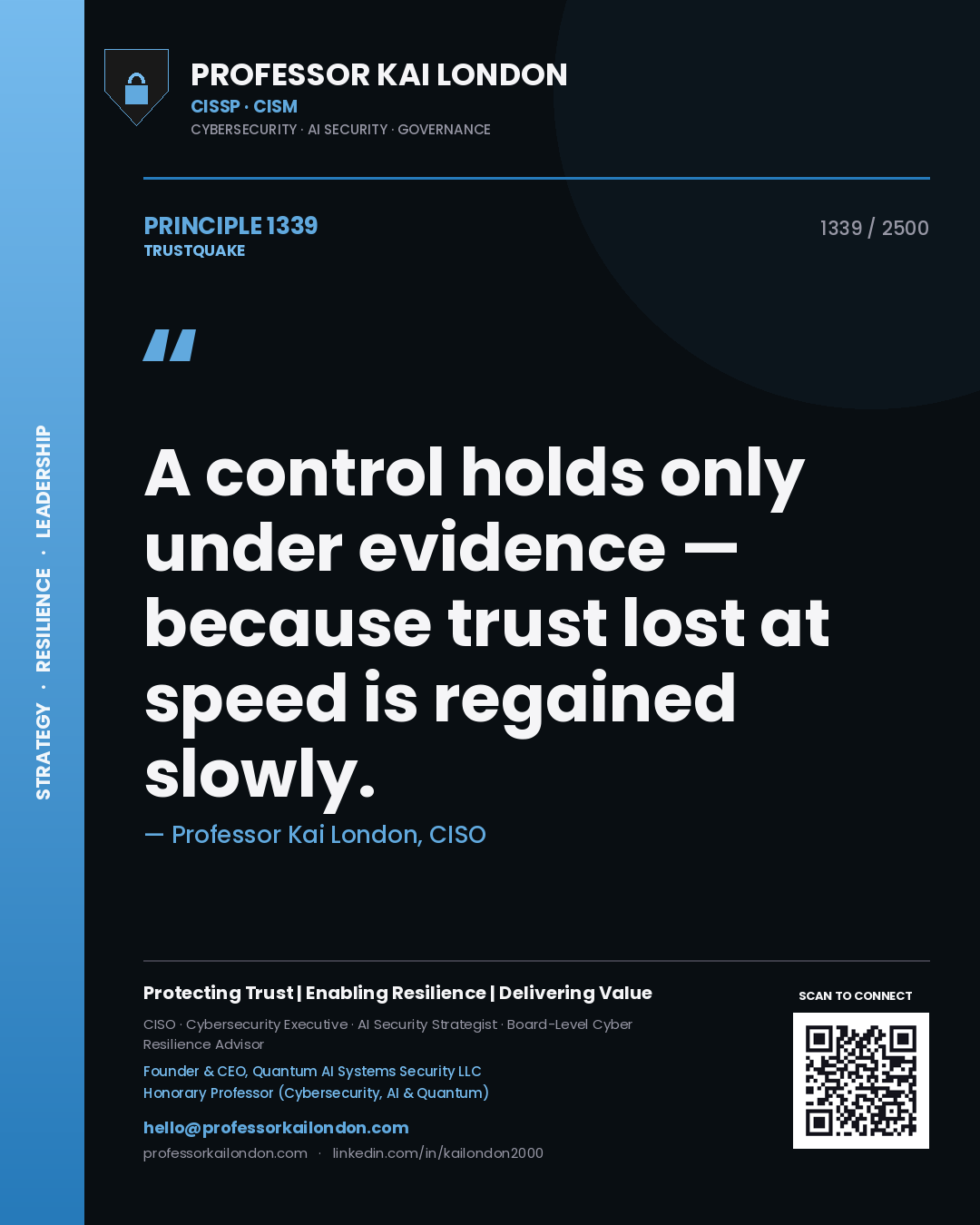 Quote card by Professor Kai London reading 'A control holds only under evidence — because trust lost at speed is regained slowly.'. From the book Trustquake.