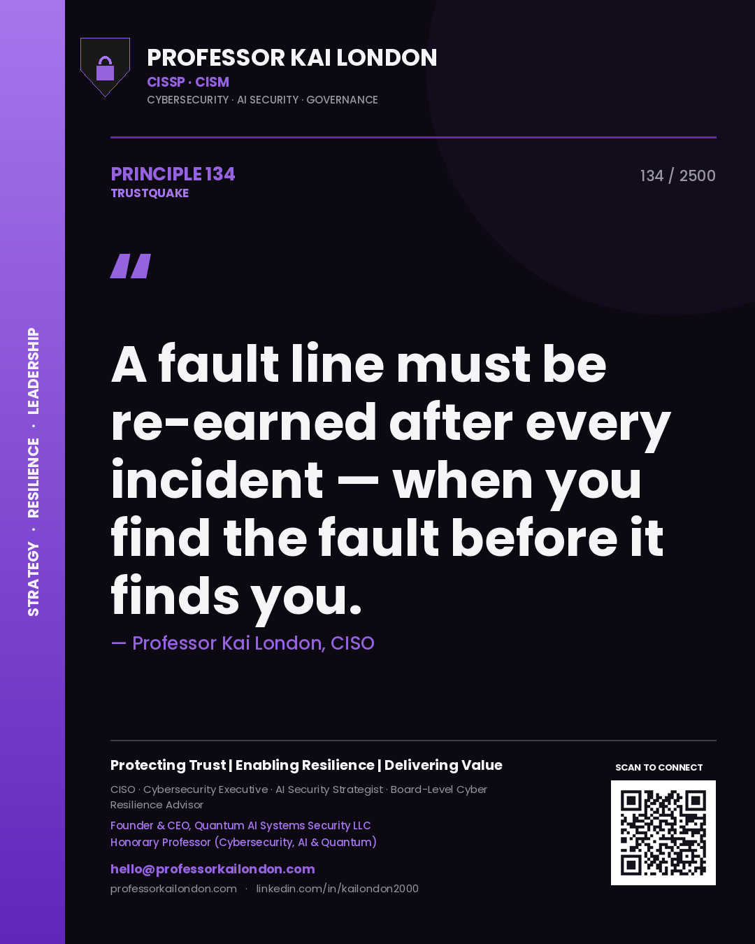 Quote card by Professor Kai London reading 'A fault line must be re-earned after every incident — when you find the fault before it finds you.'. From the book Trustquake.