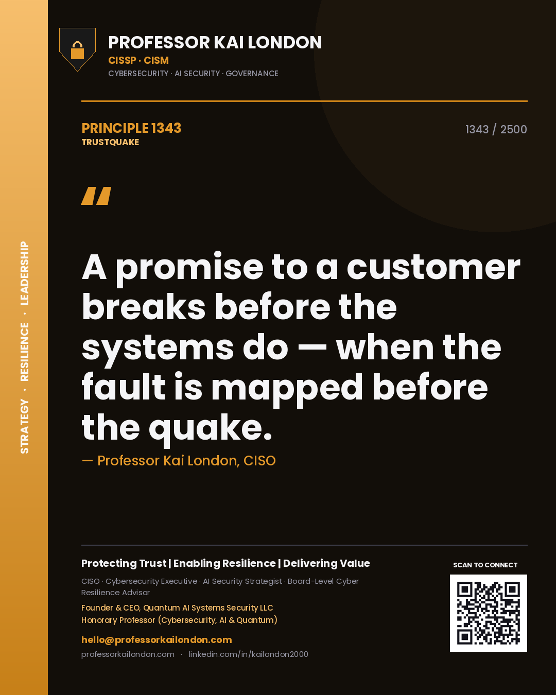 Quote card by Professor Kai London reading 'A promise to a customer breaks before the systems do — when the fault is mapped before the quake.'. From the book Trustquake.