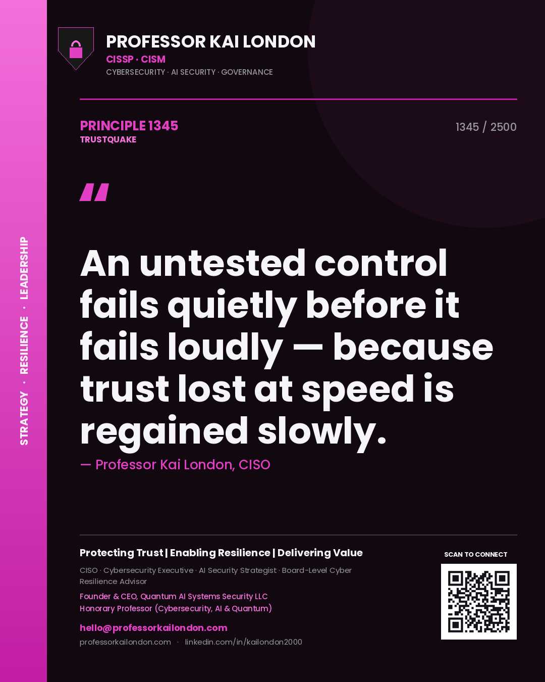 Professor Kai London principle 1345: An untested control fails quietly before it fails loudly — because trust lost at speed is regained slowly.