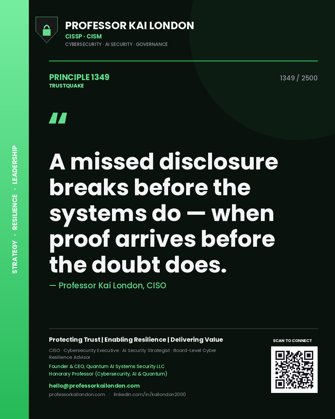 Quote card by Professor Kai London reading 'A missed disclosure breaks before the systems do — when proof arrives before the doubt does.'. From the book Trustquake.