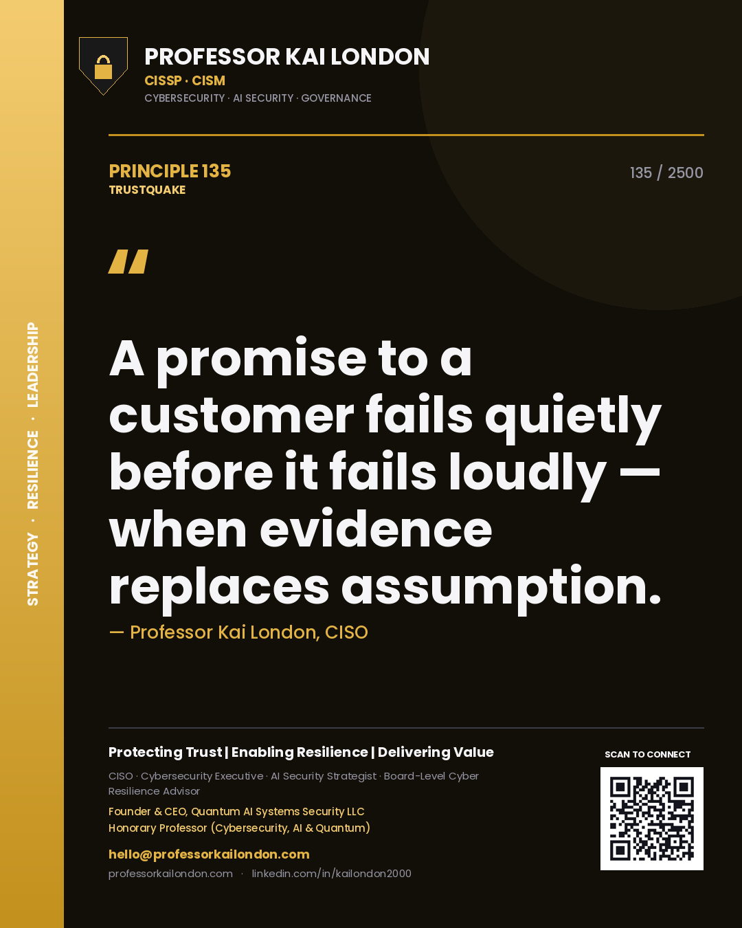 Quote card by Professor Kai London reading 'A promise to a customer fails quietly before it fails loudly — when evidence replaces assumption.'. From the book Trustquake.