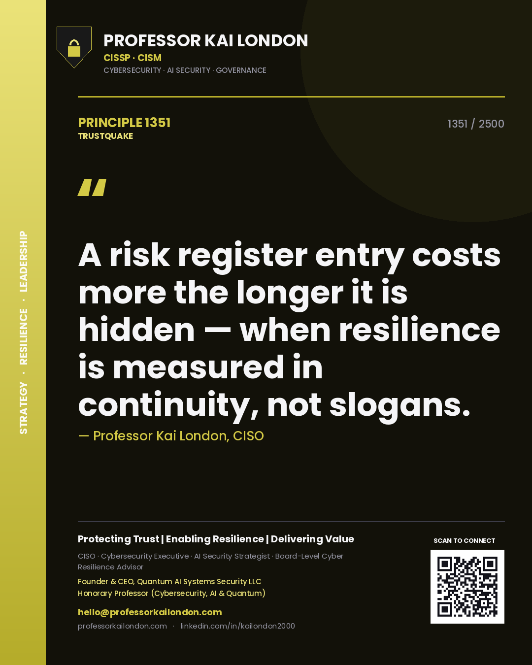 Professor Kai London principle 1351: A risk register entry costs more the longer it is hidden — when resilience is measured in continuity, not slogans.
